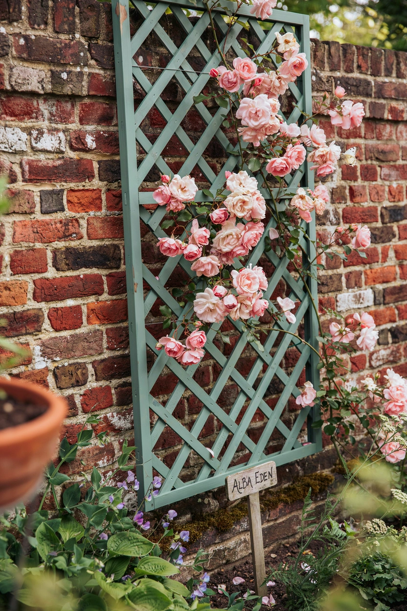 Pink climbing roses on a sage green rustic trellis — DIY cottage garden rose idea