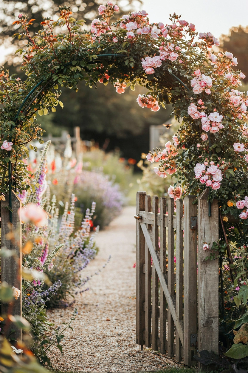 Pale pink climbing roses trained over a garden gate — romantic cottage garden rose idea