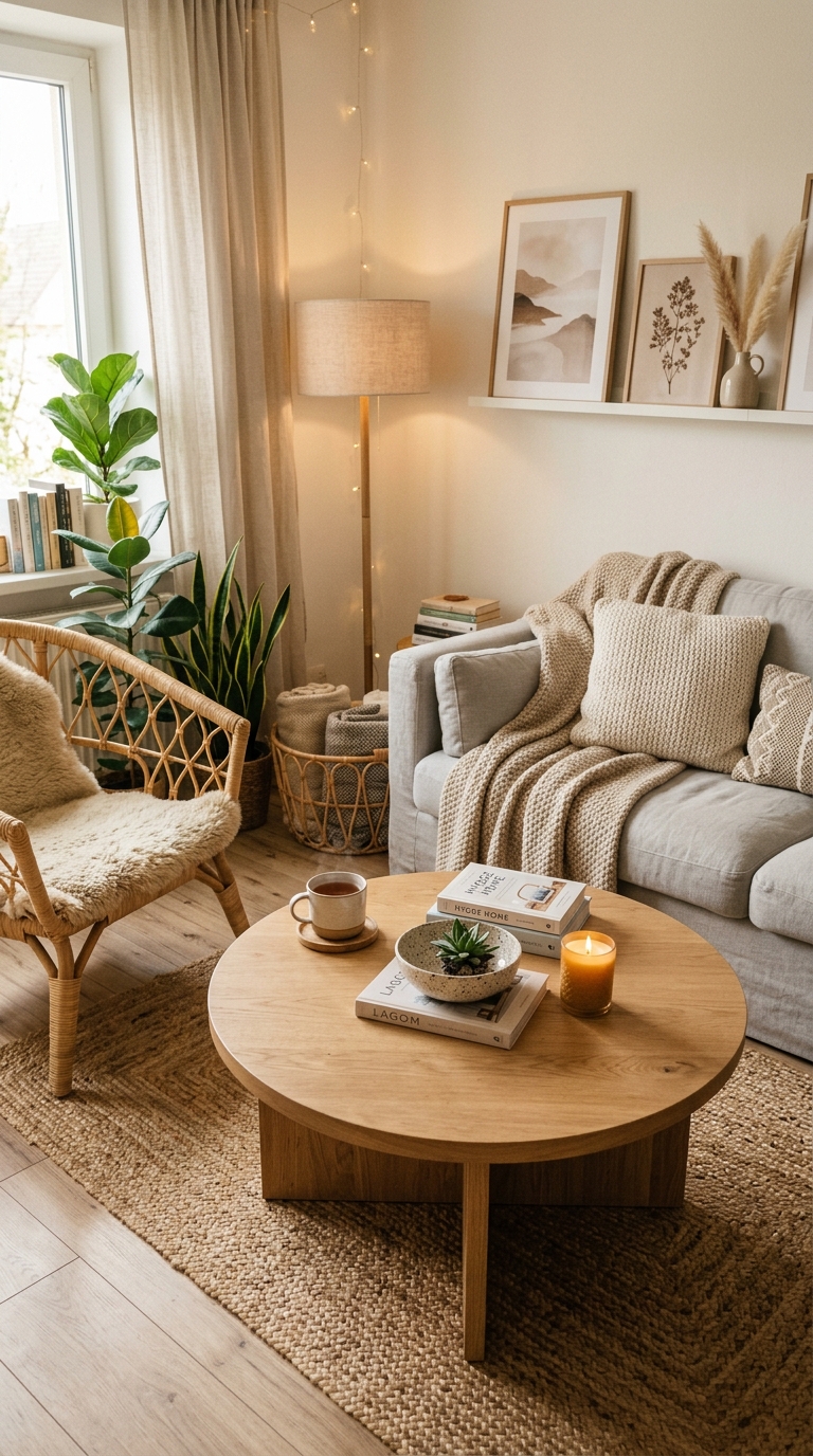 Round wood coffee table in compact apartment living room with neutral boho decor