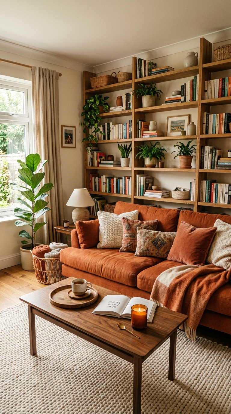 Rust orange couch with oak shelving, walnut coffee table and natural wood accents in a warm earthy living room