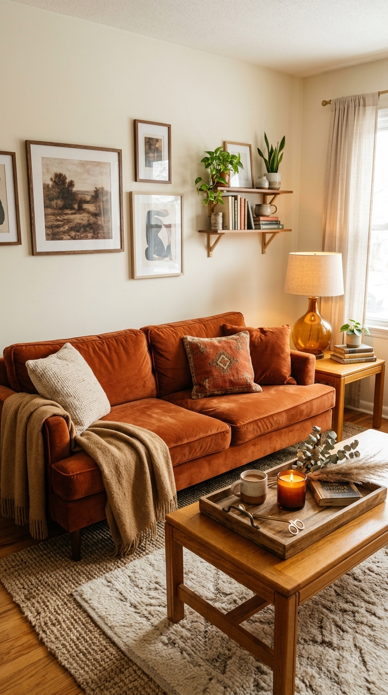 Rust orange sofa with cream walls camel throw, and layered rugs in a deeply cozy warm-toned living room