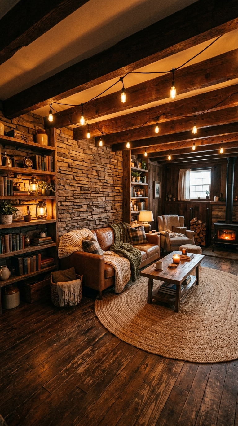 Rustic basement living room with exposed wooden beams, stone accent wall, leather sofa, and Edison bulb lighting