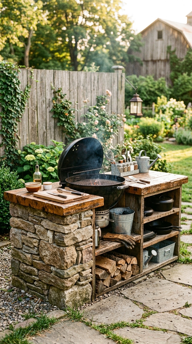 Rustic farmhouse outdoor grill station with stone base and wood countertop in a warm backyard setting