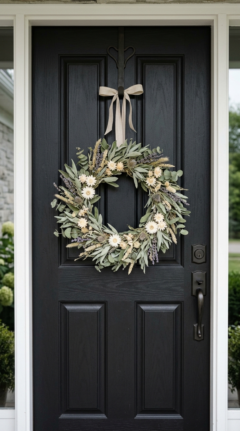Sage and dried floral wreath styled on a matte black farmhouse front door