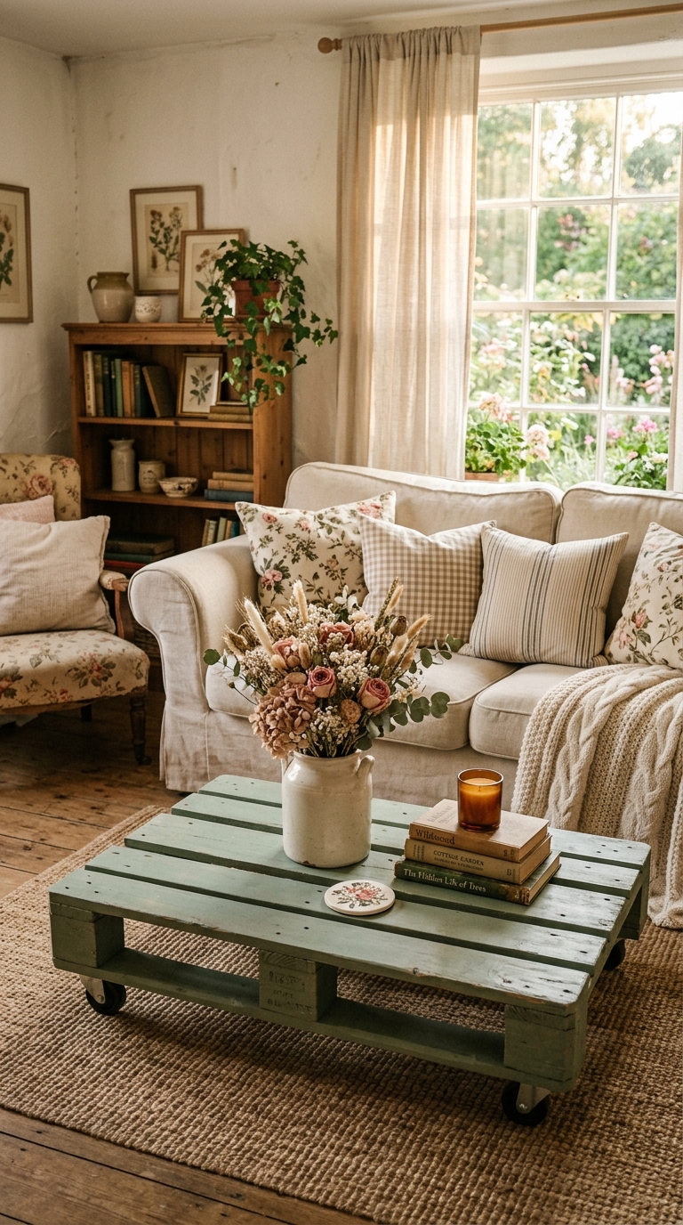 Sage green chalk paint palette coffee table styled in a cottagecore living room with blush dried florals and cream linen decor