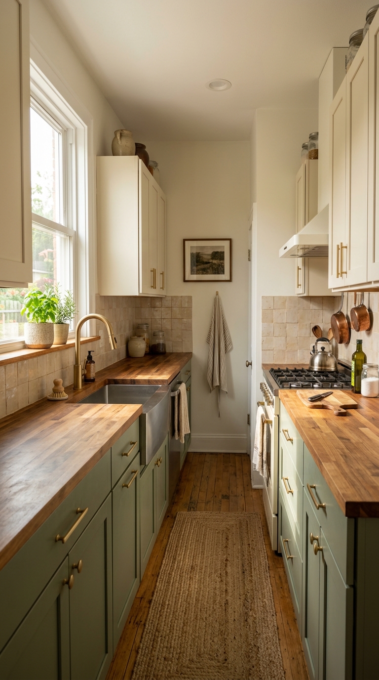 Sage green and cream two-tone galley kitchen with brushed gold hardware and earthy tile backsplash