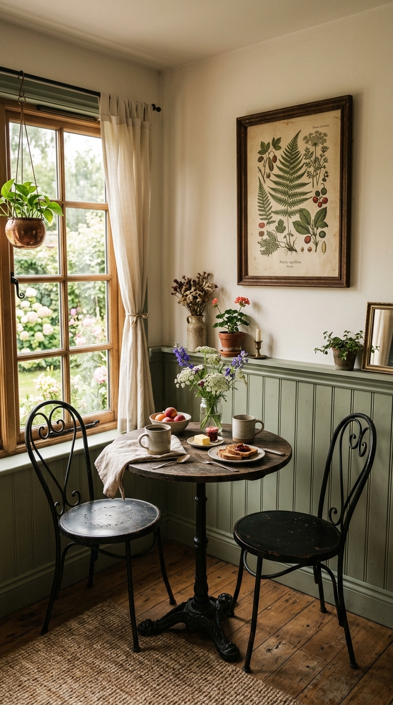 Cottage breakfast nook with sage green painted wainscoting and a small round bistro table