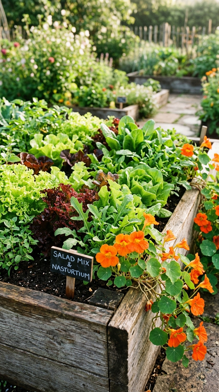 Cut-and-come-again salad potager garden bed with mixed lettuces, rocket, and nasturtium border in a small urban garden