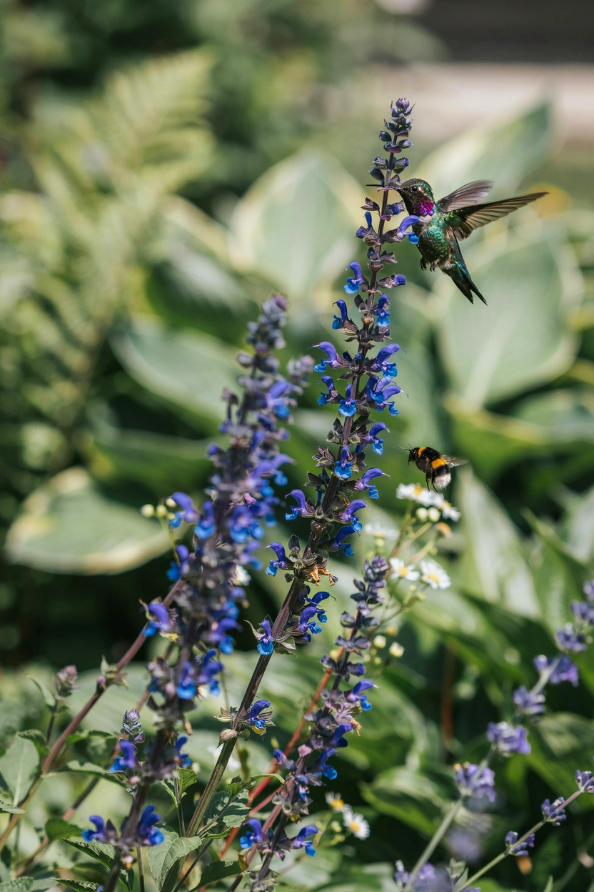 Deep blue salvia flowers attracting a hovering hummingbird in a summer pollinator garden