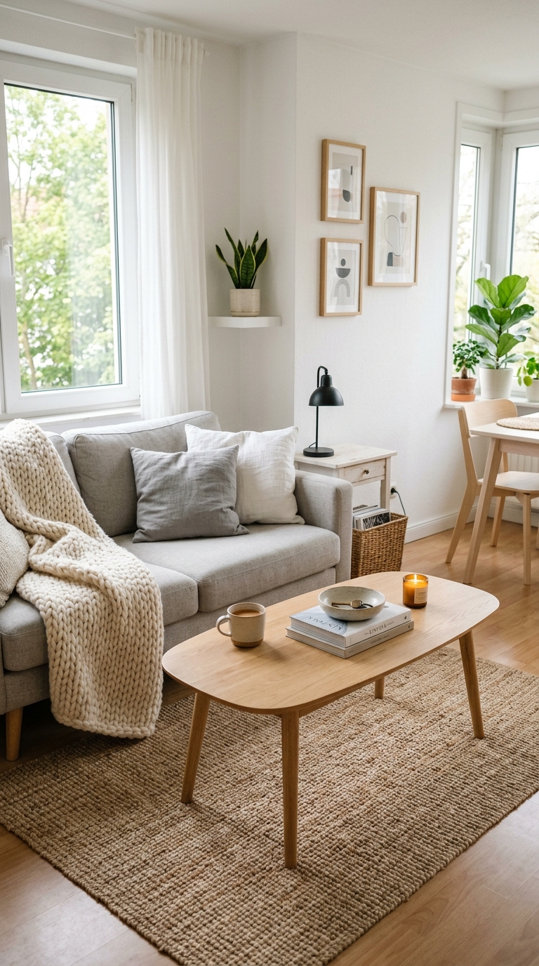 Scandinavian light wood coffee table in minimalist compact apartment living room