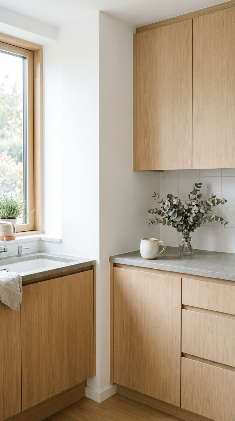 Scandinavian minimalist white oak kitchen cabinets with natural matte finish, white walls, and stone countertop
