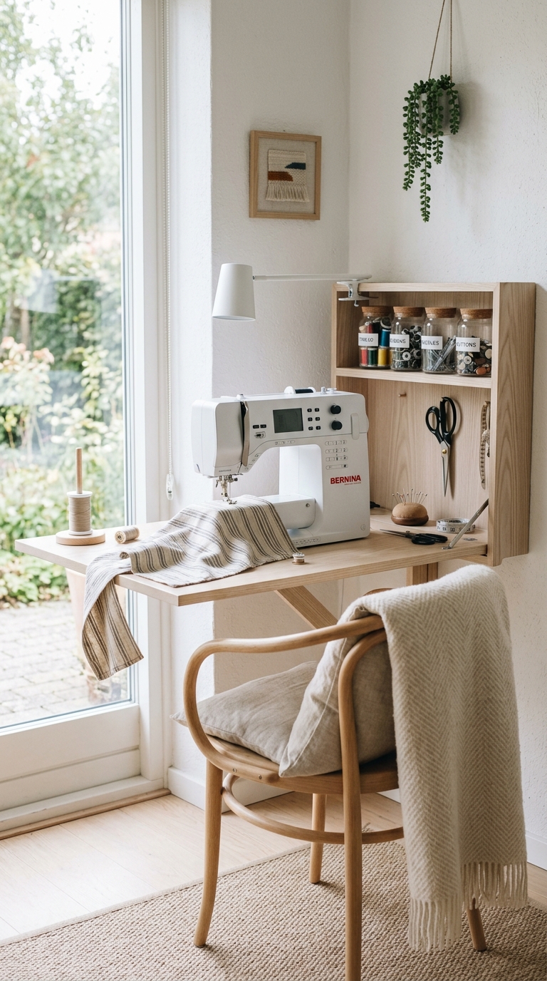 Scandinavian sewing she shed idea with space-saving fold-down wall desk