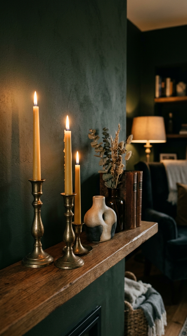 Living room shelf with single handmade matte ceramic sculpture as focal point, generous negative space, warm gallery-quality lighting