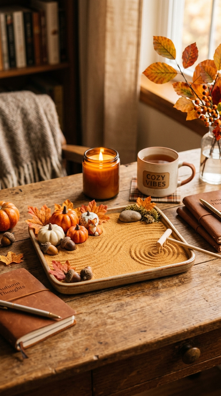 Seasonal mini zen garden decorated for autumn with mini pumpkins