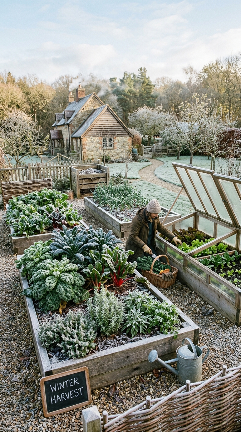 Four-season urban potager garden with winter kale, chard, and a cold frame for year-round harvest in a small backyard