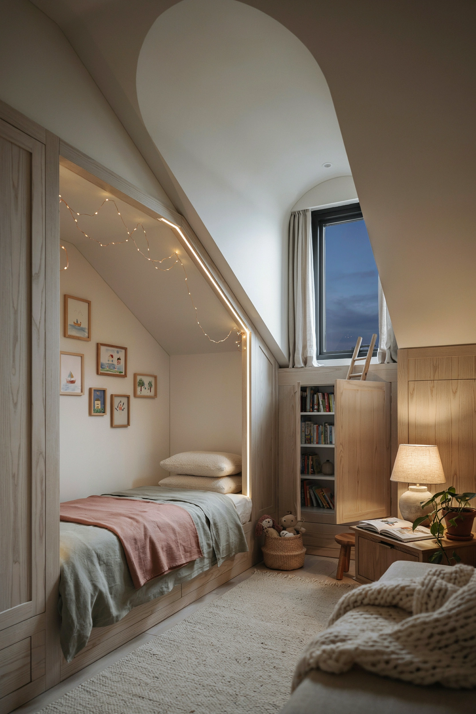 Cozy built-in bed nook under sloped attic ceiling with fairy lights and sage bedding