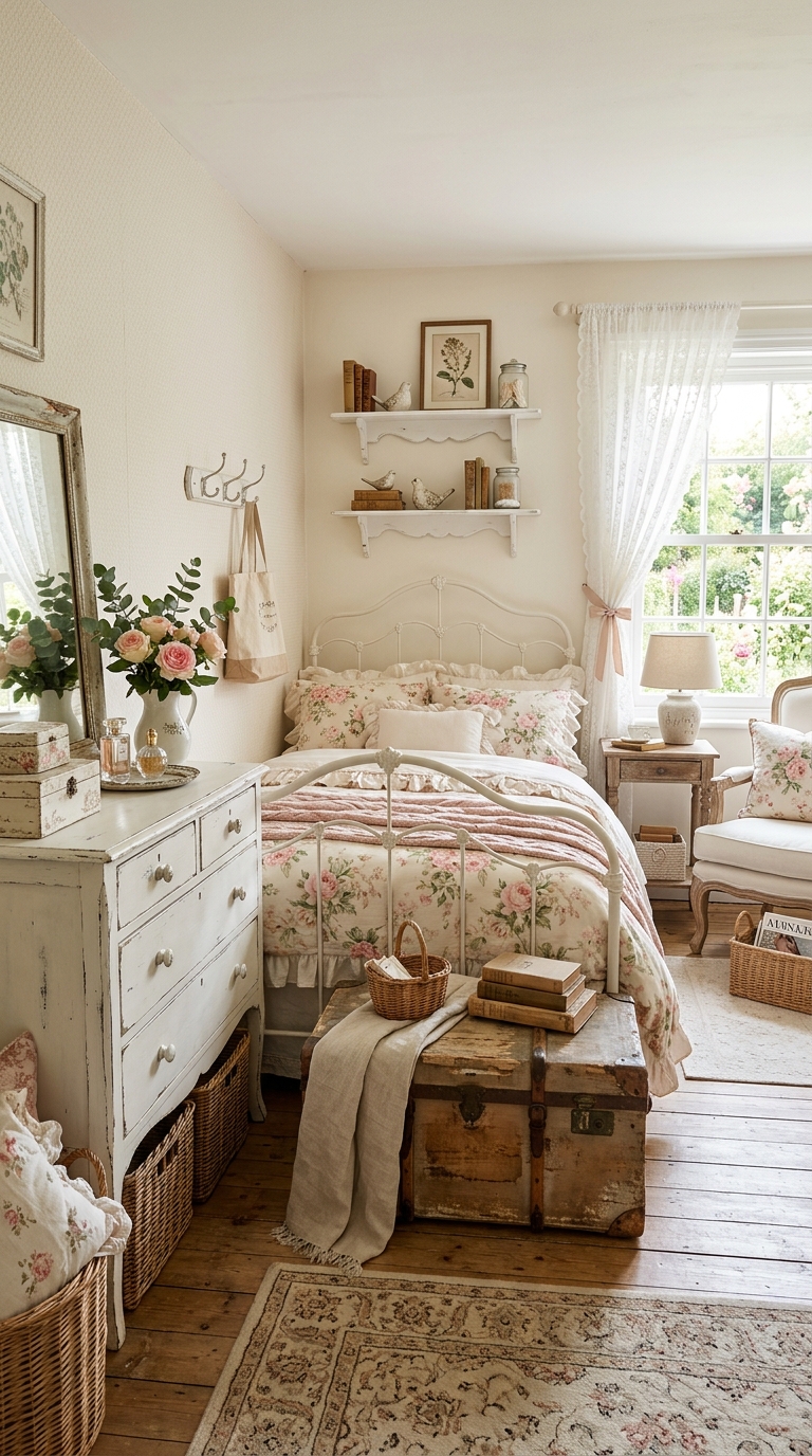 Shabby chic bedroom with vintage storage furniture, woven baskets, and farmhouse organization ideas.