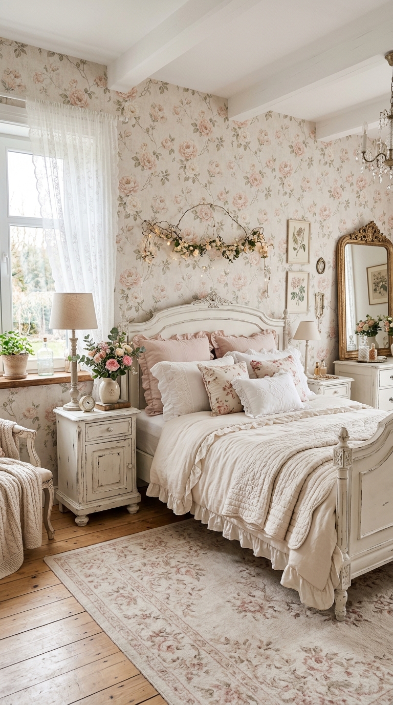 Dreamy floral wallpaper decorating a shabby chic bedroom with vintage charm