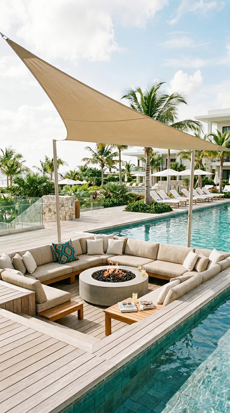 Sunken fire pit idea with shade sail and sectional seating near pool