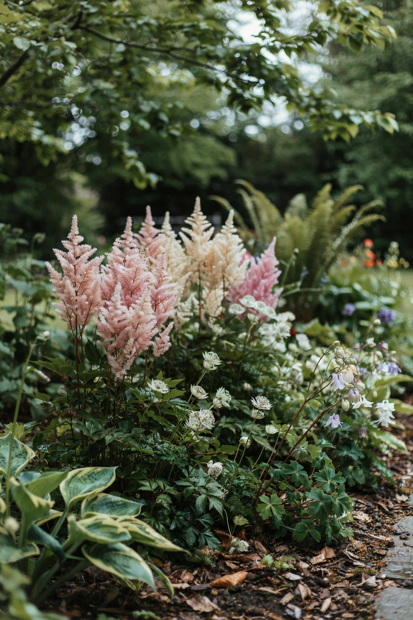 Shaded herbaceous cottage garden border with astilbe, hostas, aquilegia, and astrantia in dappled woodland-style planting
