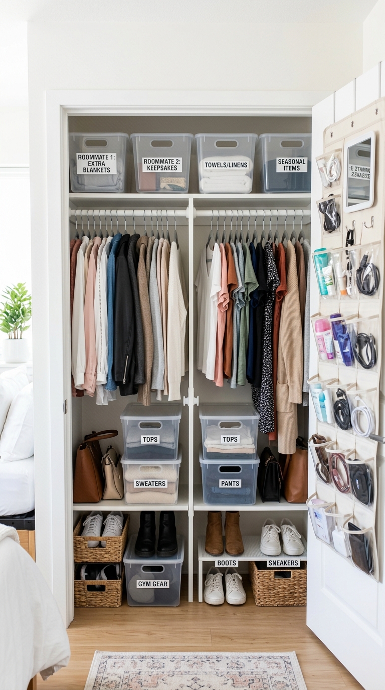 Organized shared dorm room closet with rod divider and matching hangers for two students