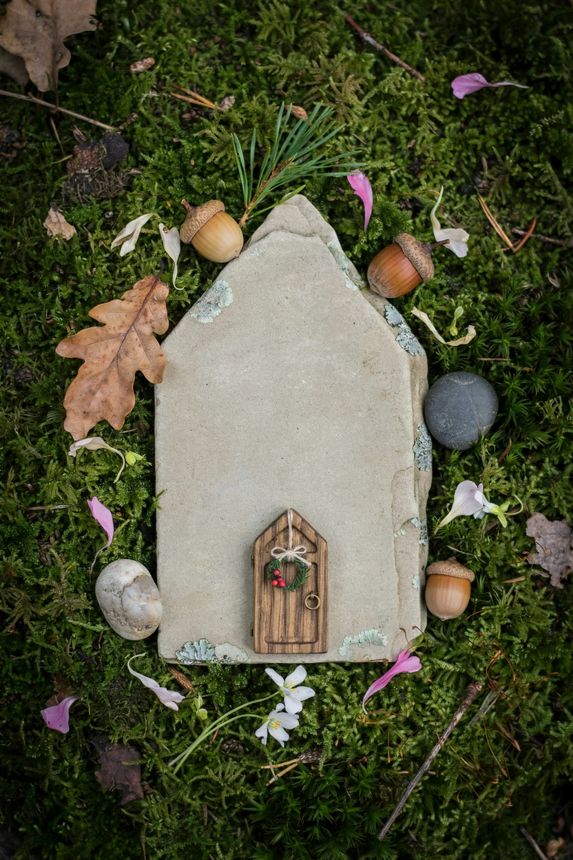 Fairy garden stone house surrounded by green sheet moss for an enchanted forest look