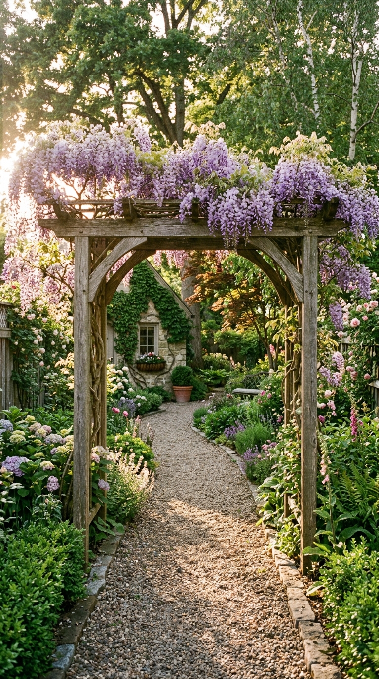 Pergola arbor idea for a small side yard entrance with climbing wisteria