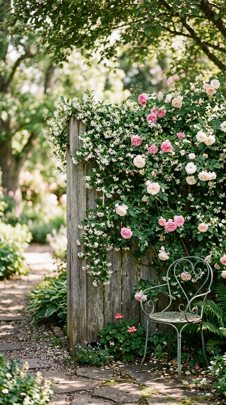 Side yard privacy fence idea with climbing jasmine and roses for a lush garden look