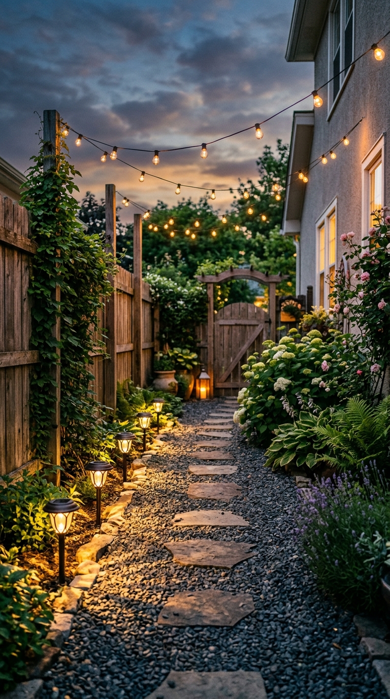 Solar pathway lighting idea for a small side yard at night
