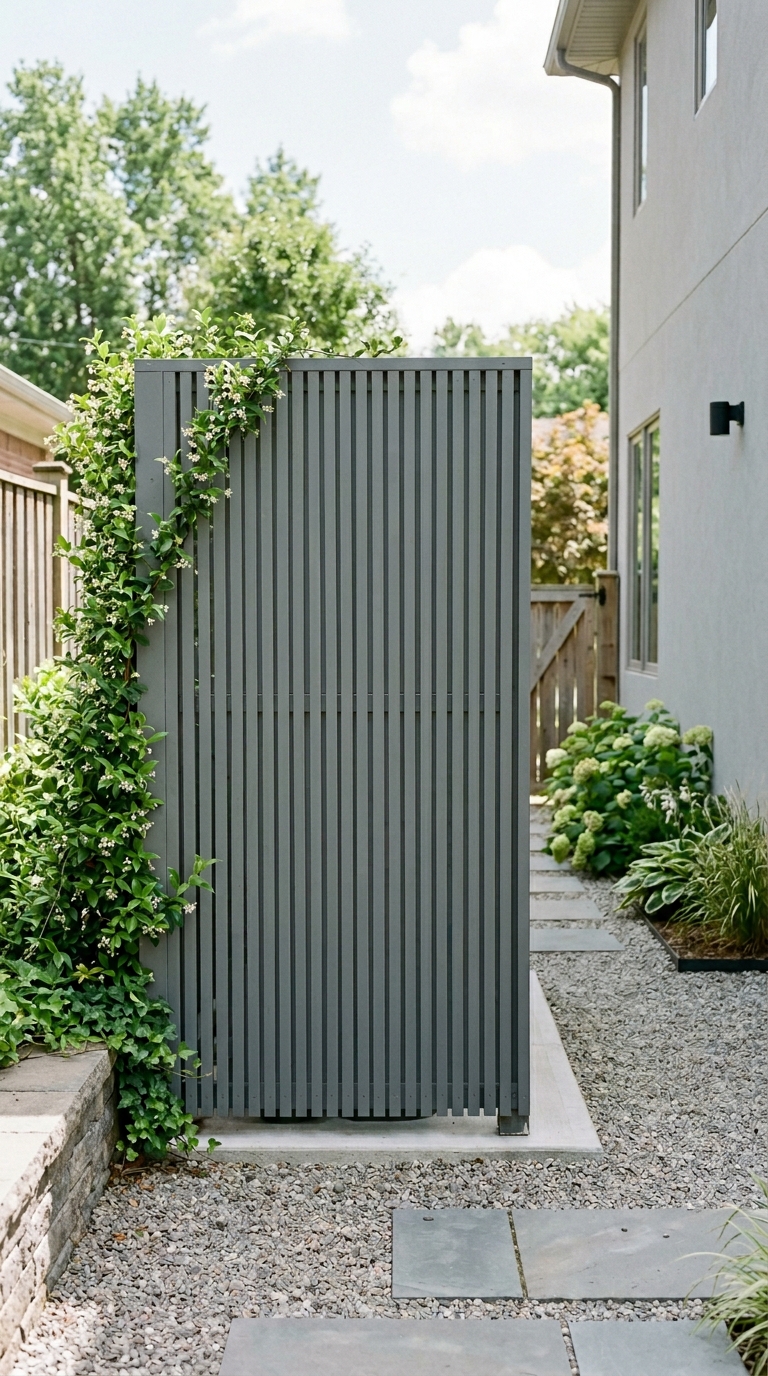 DIY slatted wood screen idea to hide trash cans in a small side yard