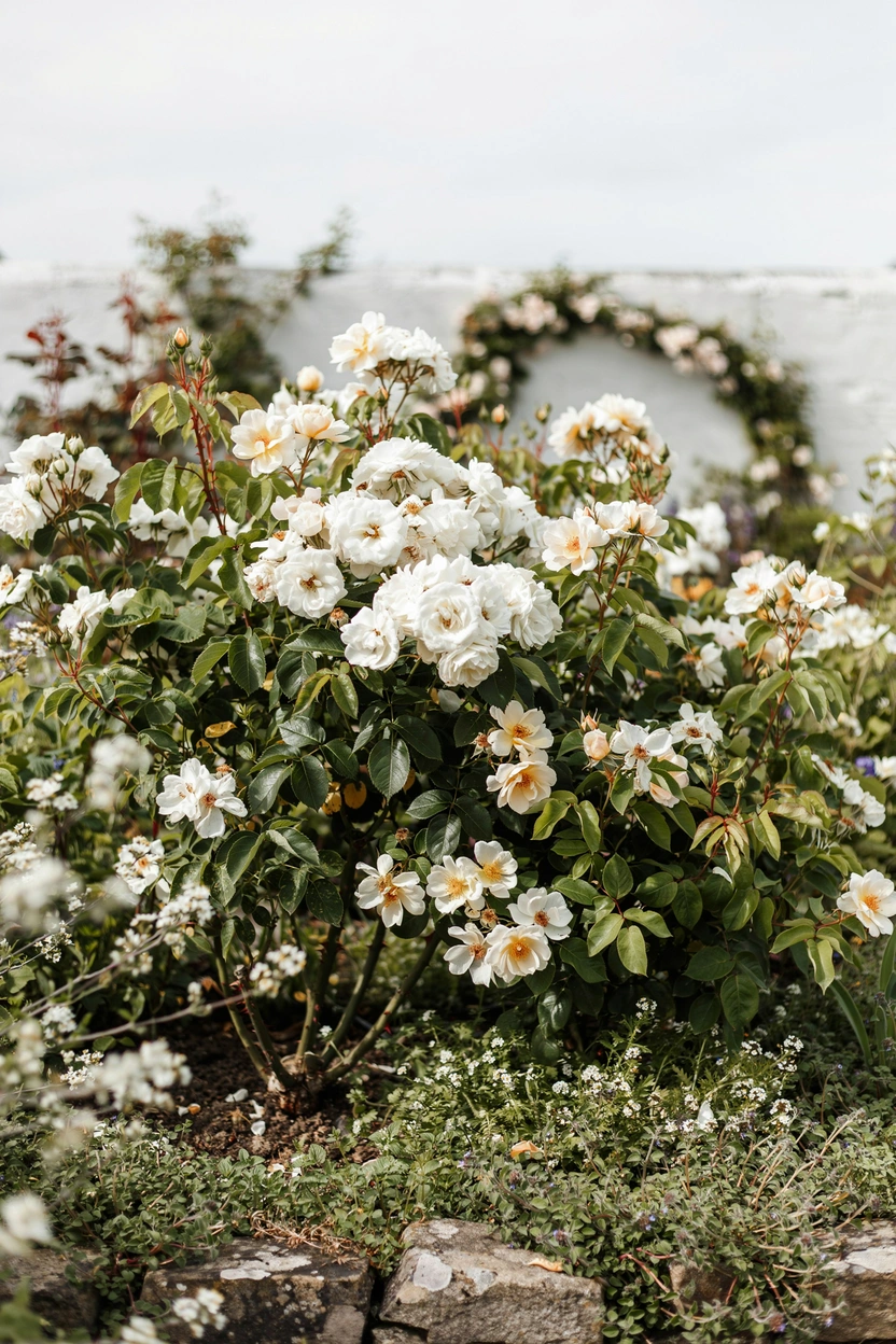 All-white cottage garden rose bed with mixed varieties and textures — elegant garden planting idea