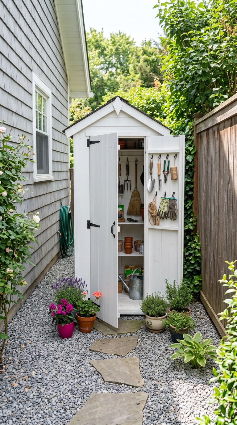 Slim storage shed idea for organizing a small side yard