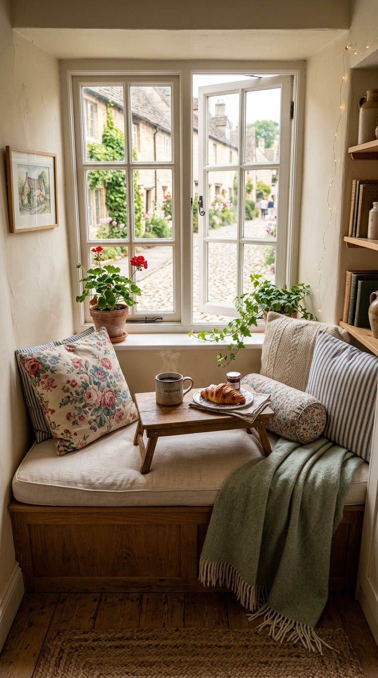Small apartment cottage breakfast nook with window bench, throw pillows, and tray table setup