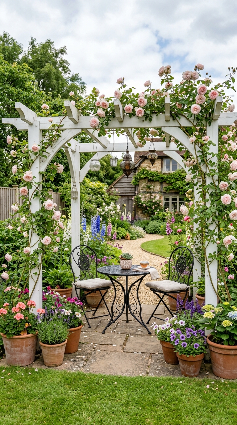 Small cottage garden pergola with bistro table and hanging lanterns in backyard