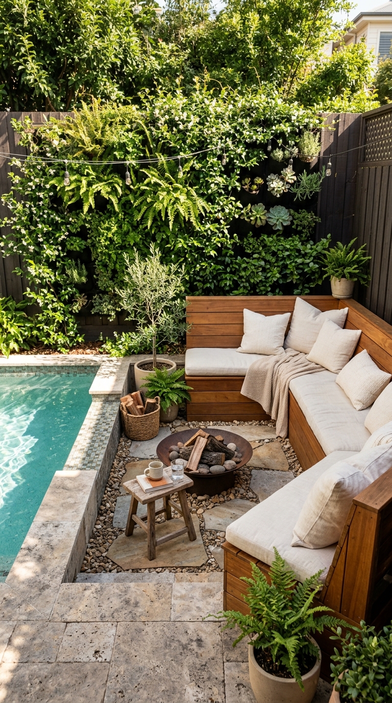 Small backyard sunken fire pit idea near pool with built-in seating