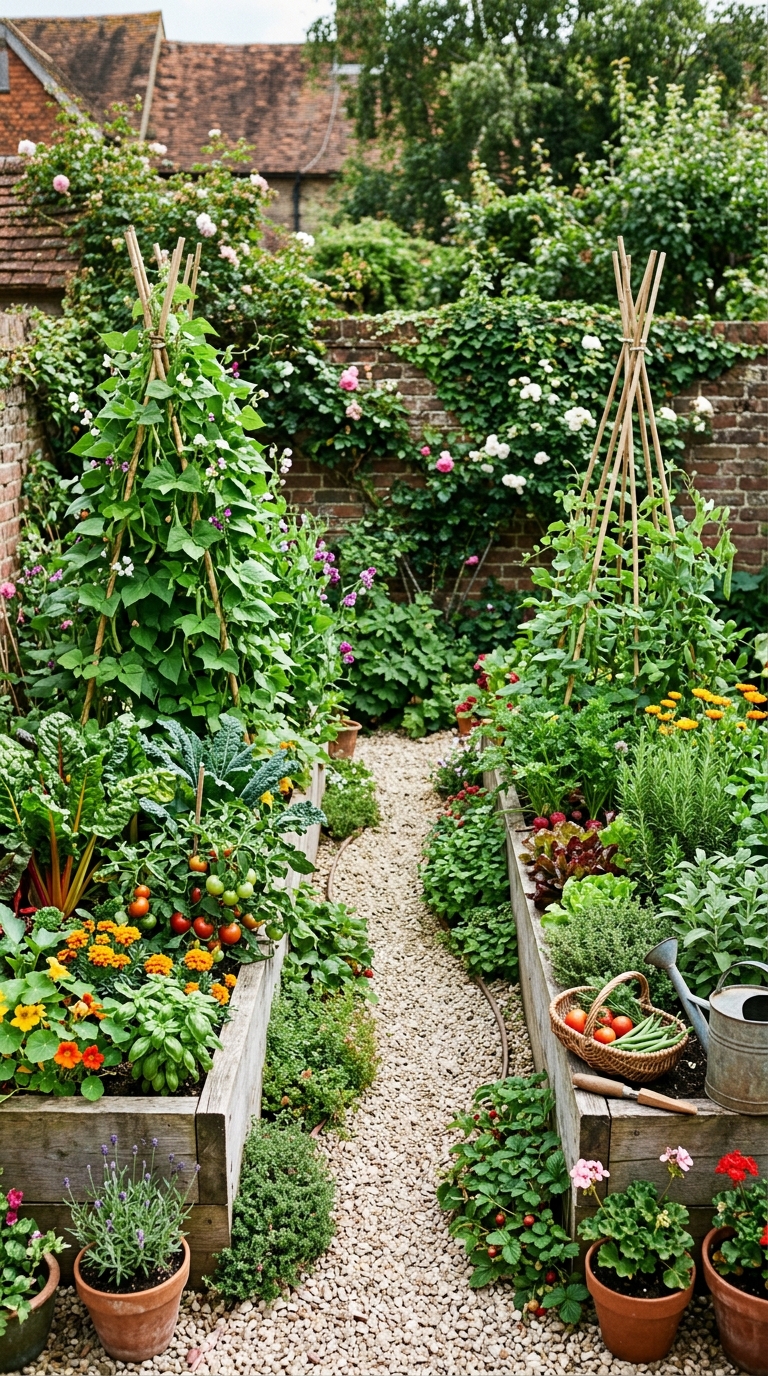 Small backyard potager garden with compact raised beds, vertical teepee trellises, and lush herb and vegetable planting