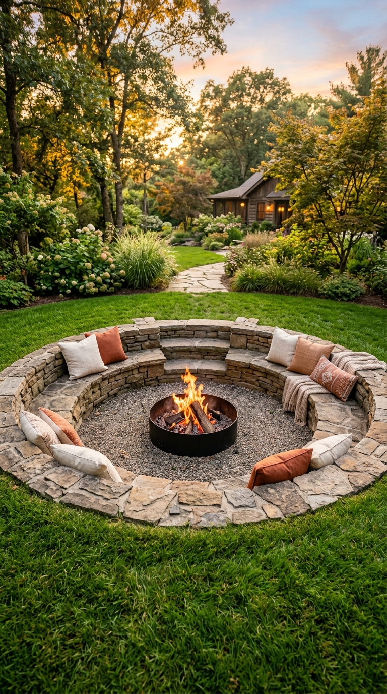 Small backyard sunken fire pit idea with space-saving curved seating