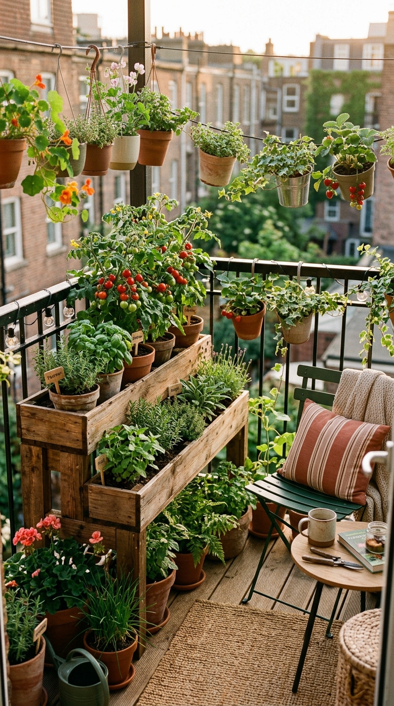 Small space balcony potager garden with tiered planters