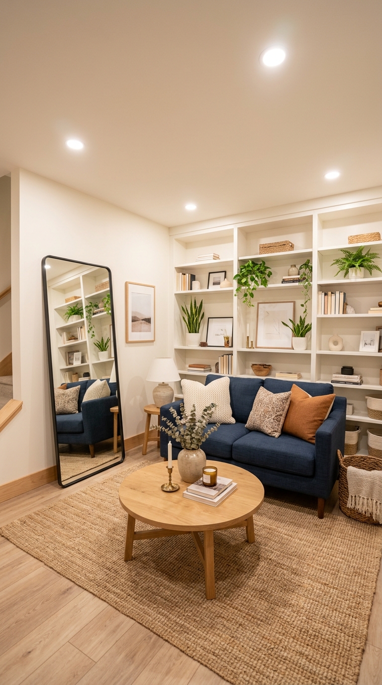 Small basement living room with compact sofa, round coffee table, built-in shelving, and large mirror for a spacious feel