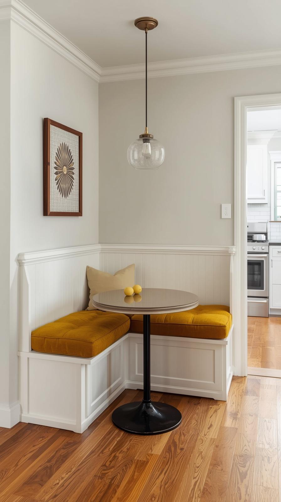 Small corner breakfast nook with curved bench and round bistro table in a compact kitchen