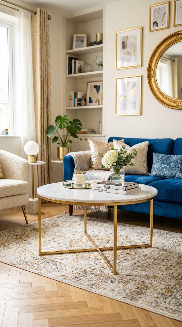 Small marble top coffee table with gold legs in compact luxury apartment living room