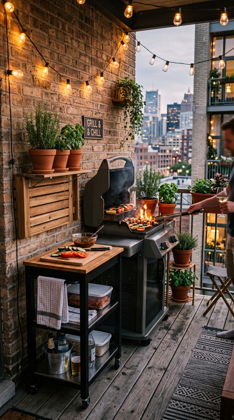Small outdoor grill station setup on a compact apartment patio with space-saving shelves and compact grill