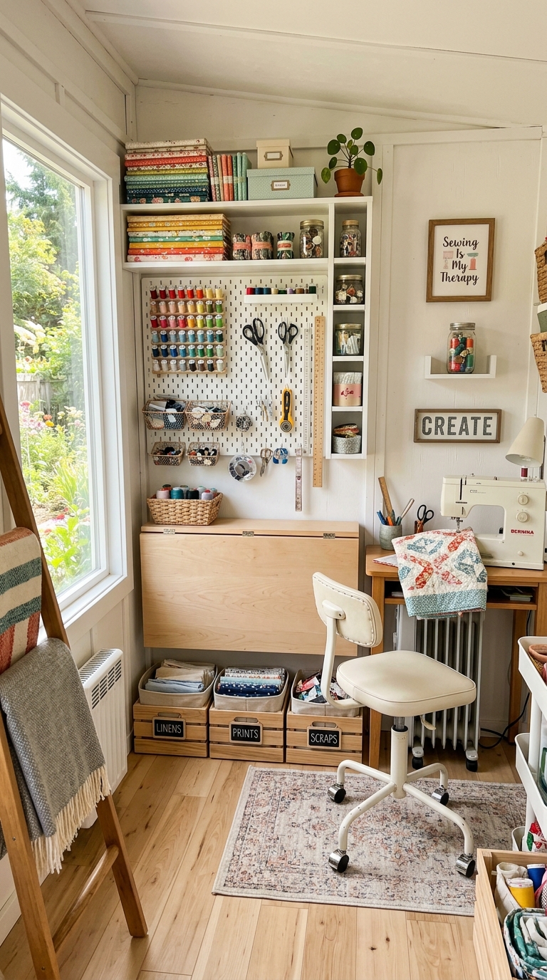 Small 6x8 sewing she shed layout idea with fold-out cutting table