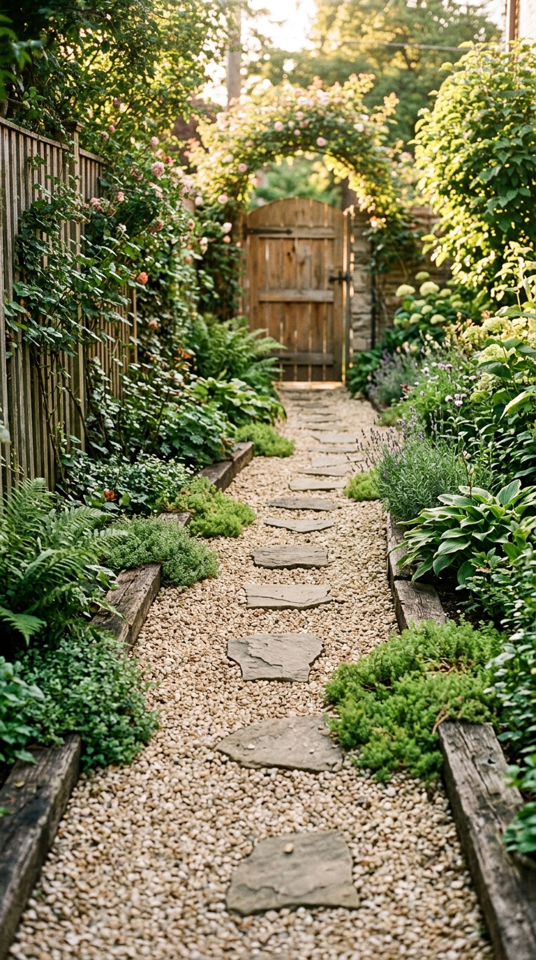 Small side yard gravel pathway with stepping stones and wooden edging for easy backyard landscaping