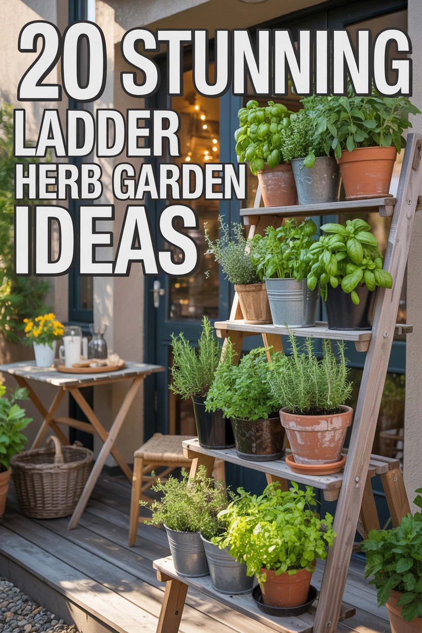 Space-saving ladder herb garden setup with fresh herbs in pots for small balcony and patio spaces