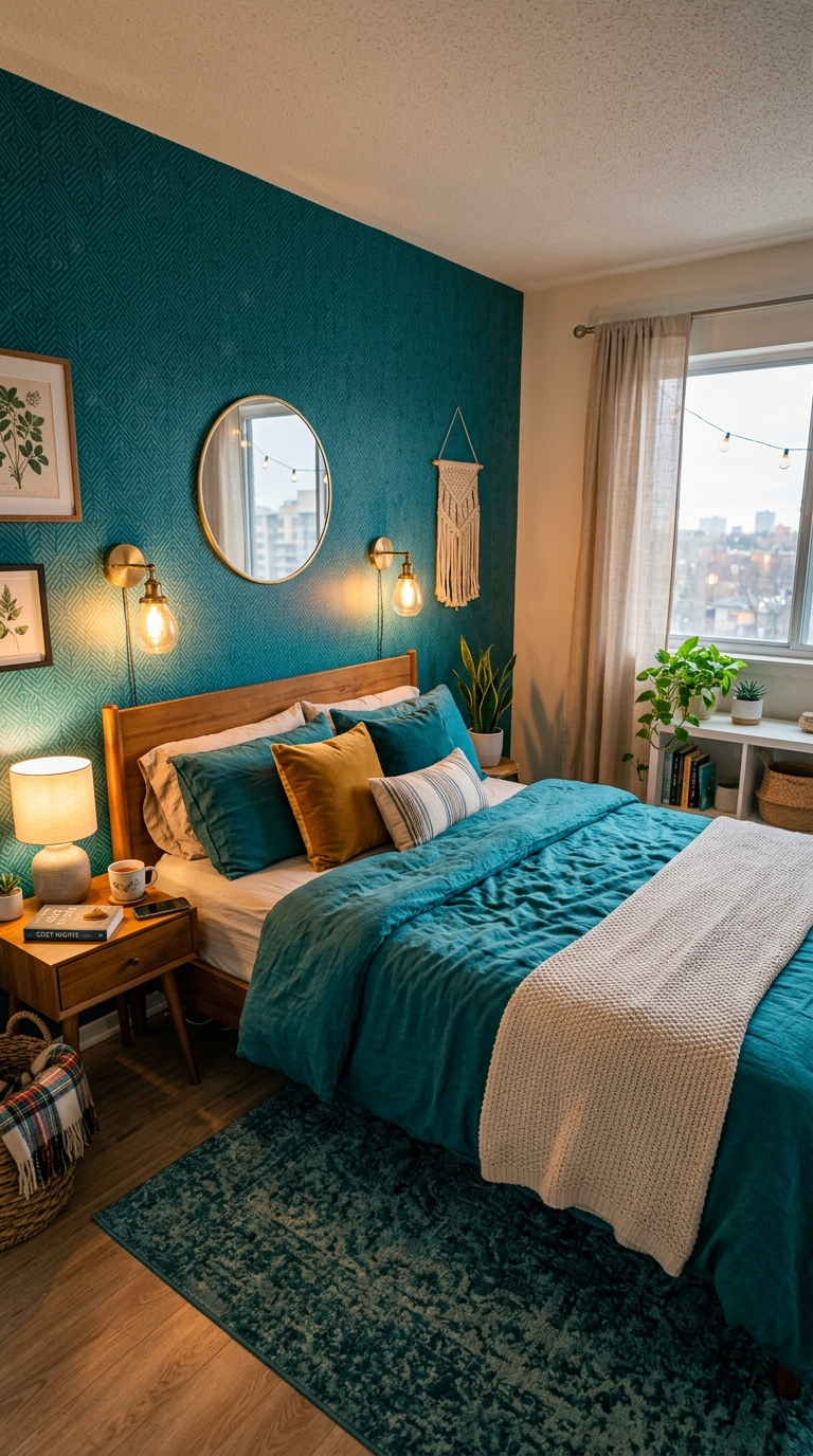 Small space teal bedroom idea for renters using removable decor