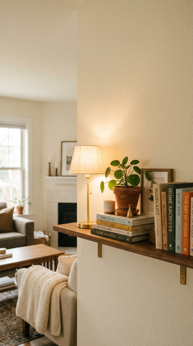 Living room wide shelf with small table lamp glowing warmly, books and plant beside it, warm cream and brass aesthetic