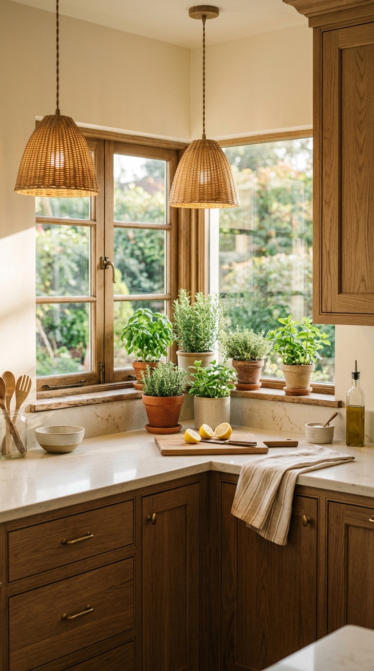 Smoked mid-tone stained white oak kitchen cabinets with cream countertop and woven pendant lights in a cozy family kitchen