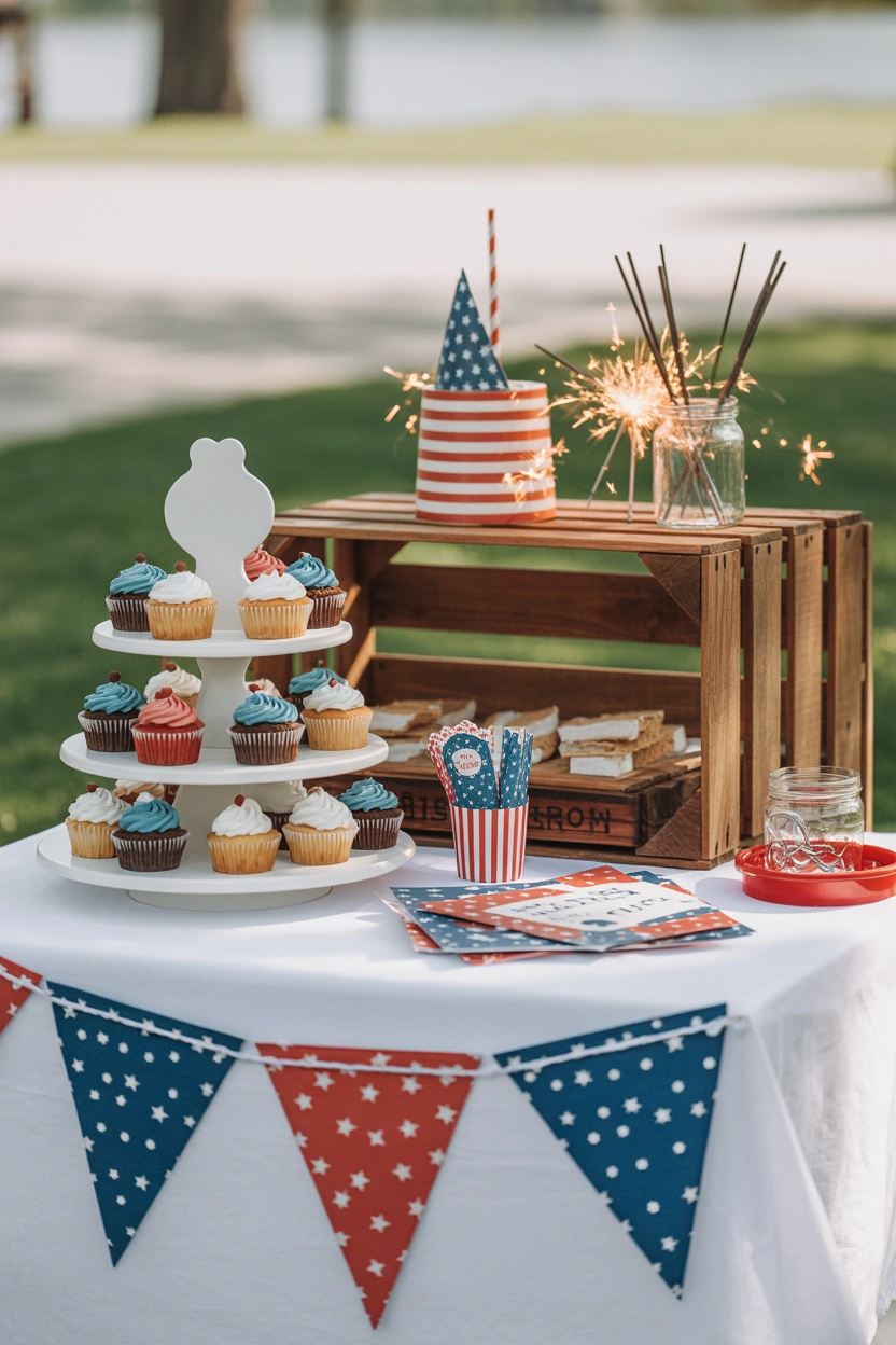 4th of July dessert table with patriotic cupcakes, s'mores supplies, sparklers, and a bunting banner