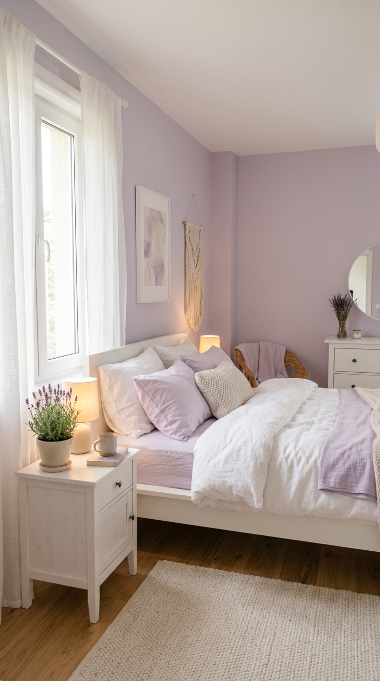 Soft lilac bedroom with white furniture and airy spa-like decor for a calm sleeping space